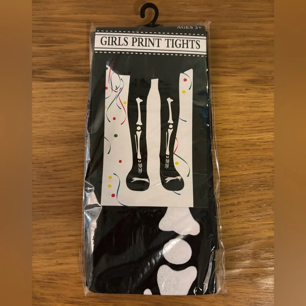Halloween Girls Skeleton Print Black and White Tights New Size 3+